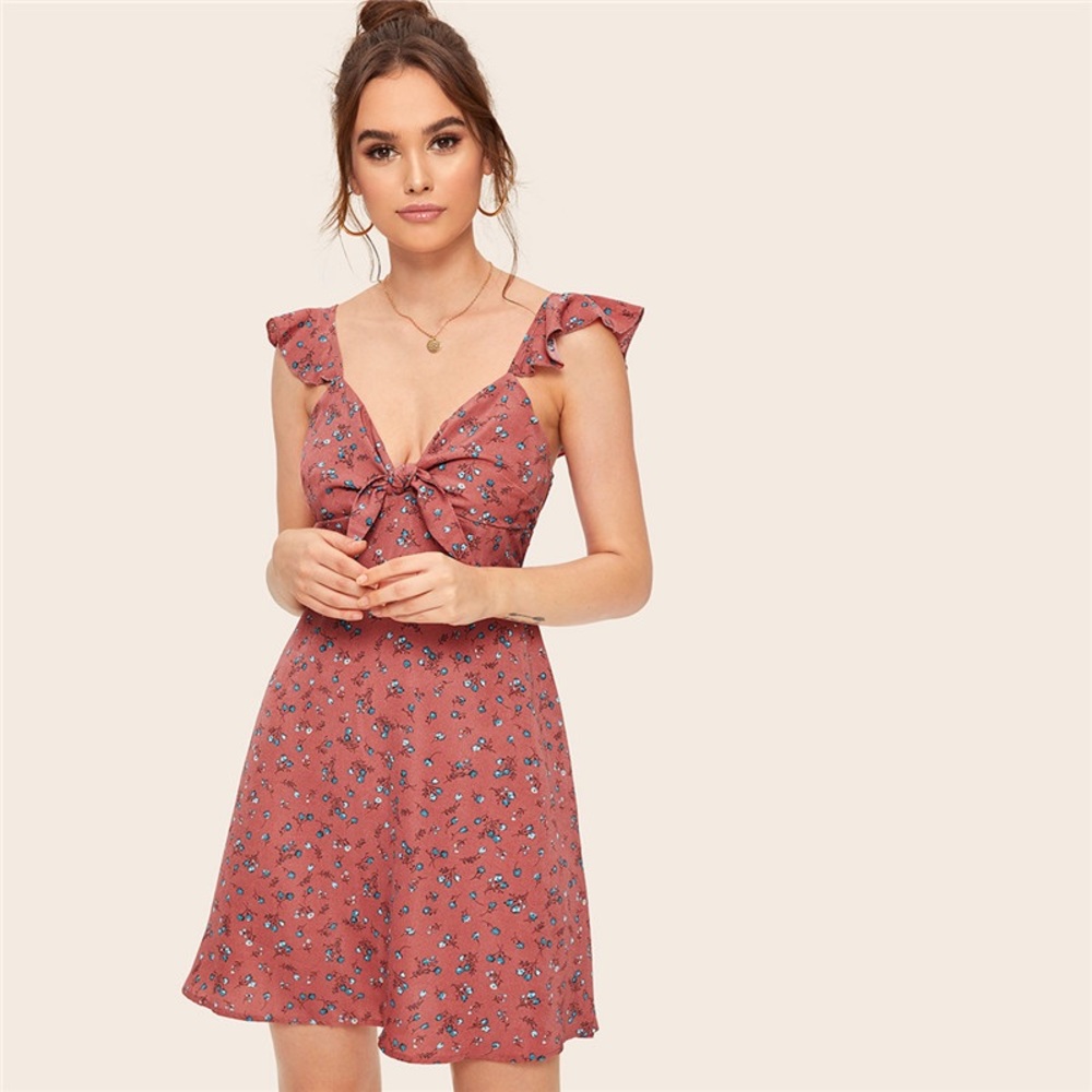 EUC SHEIN Salmon Ruffle Sleeve Knot Front Dress